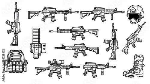 Military equipment collection vector illustrations of rifles gear and protective items
