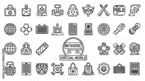 Metaverse and virtual world icons set digital technology symbols