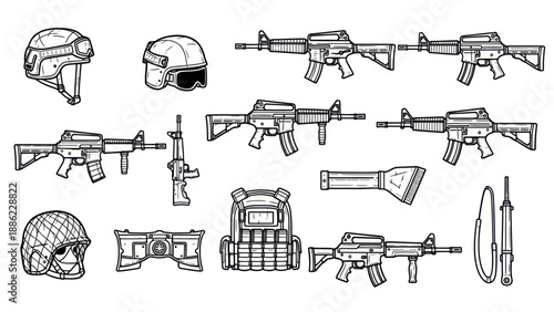 Military equipment collection vector illustrations of helmets and rifles