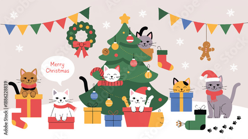 Charming feline friends celebrate a joyous festive Christmas in this whimsical illustration, surrounded by a decorated tree, presents, and seasonal cheer