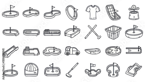 Miniature golf course elements isolated black and white vector illustration