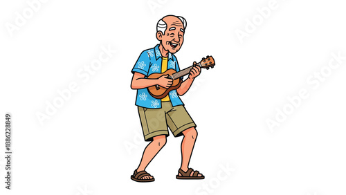 Senior Man Playing Ukulele Cartoon Illustration