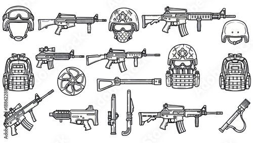 Military equipment vector illustration set for design and security