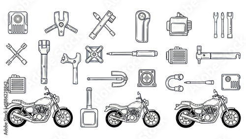 Motorcycle and tools collection vector illustration on white background