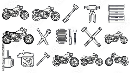 Motorcycles and tools set vector illustrations for design and advertising
