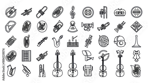 Musical instrument outlines set vector graphics for design and education