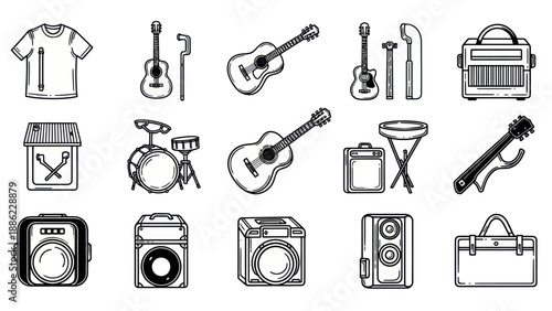 Musical instruments and accessories in line art style for creative projects