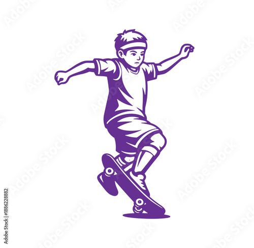 Vector illustration of a young skateboarder performing a trick in silhouette style isolated