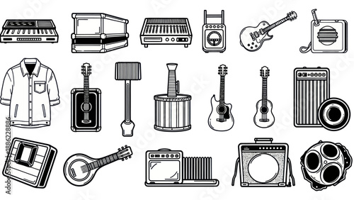 Musical instruments and audio equipment illustration in black and white
