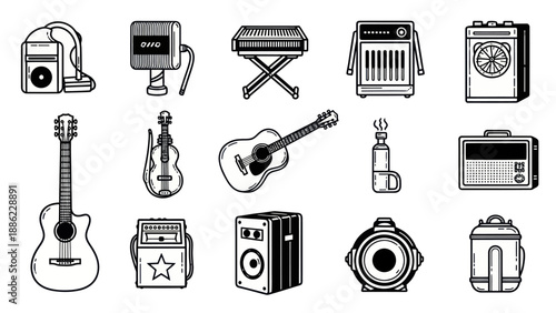 Musical instruments and audio equipment vector illustrations in black and white