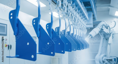 Automated robotic arm applies blue powder coating to metal parts on hanging conveyor line in modern factory workshop, showcasing advanced industrial surface finishing process