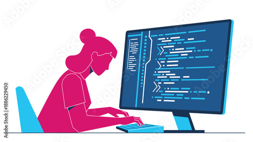 Woman Coding on Computer Screen - Software Development Illustration