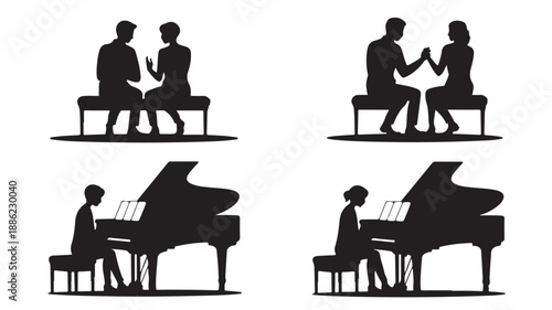 Silhouettes of people playing piano together in harmonious duet with soft black and white contrast for music education