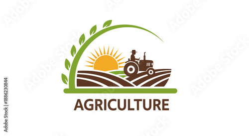 Tractor working in a field during sunrise with agriculture symbol.