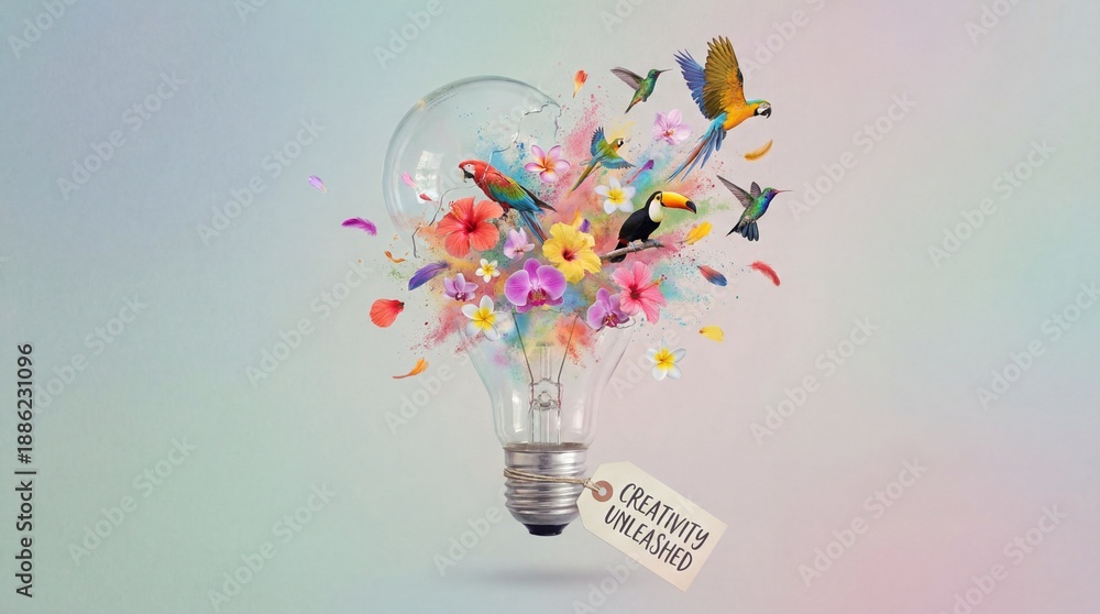 Obraz premium Light bulb with colorful flowers and birds representing creativity unleashed parrots hummingbirds