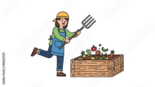Illustrated Female Gardener with Pitchfork Tossing Vegetables into Crate