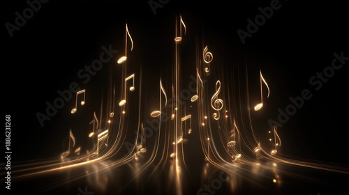 Golden musical notes against a black background. The concept of music and sound. The golden color adds a sense of elegance and luxury.