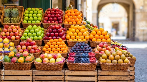 Fresh fruit baskets on wooden crates at outdoor market or street stand display