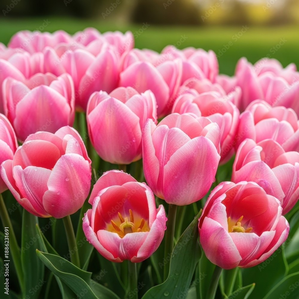 Obraz premium A vibrant display of pink tulips in full bloom, capturing springs beauty.