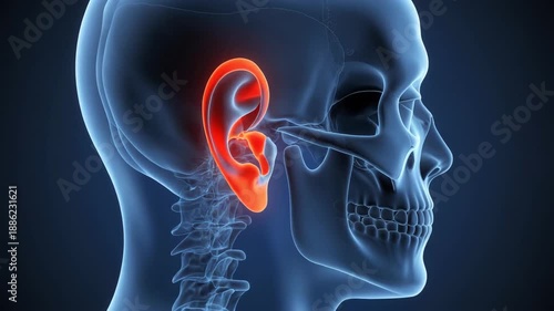 Medical visualization of human skull profile highlighting inflamed external ear anatomy in glowing red.