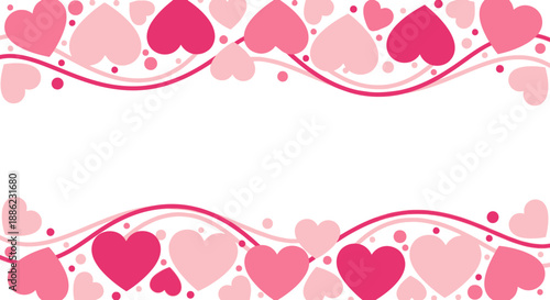 Charming romantic border with pink and fuchsia hearts, wavy lines, and dots, ideal for sweet backgrounds, love themes, and celebratory designs