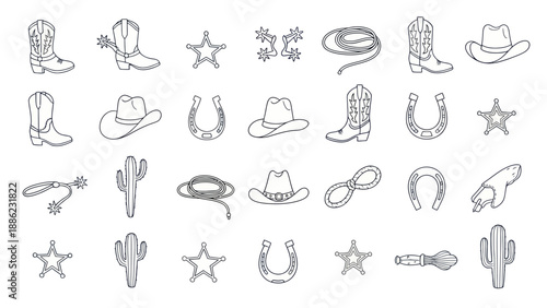 Western Cowboy Icons Set: Boots, Hats, Horseshoes, Cactus, Sheriff Stars, Lasso