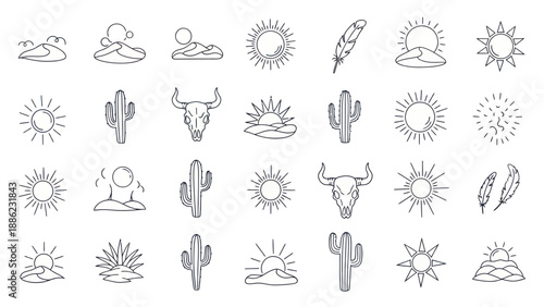 Western Desert Icon Set: Sun, Cactus, Skull, Feather, Landscape Line Art