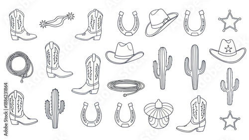 Western Icons Collection: Cowboy Boots, Hats, Cacti, Horseshoe, Lasso, Spurs