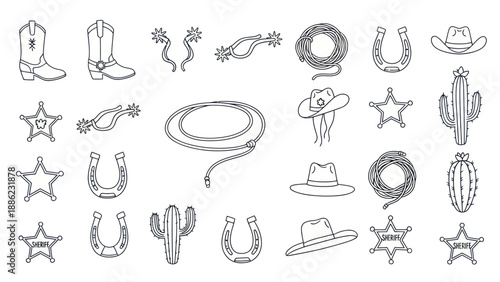 Western Icons Set: Cowboy Boots, Hats, Horseshoes, Lasso, Cactus, Sheriff Star