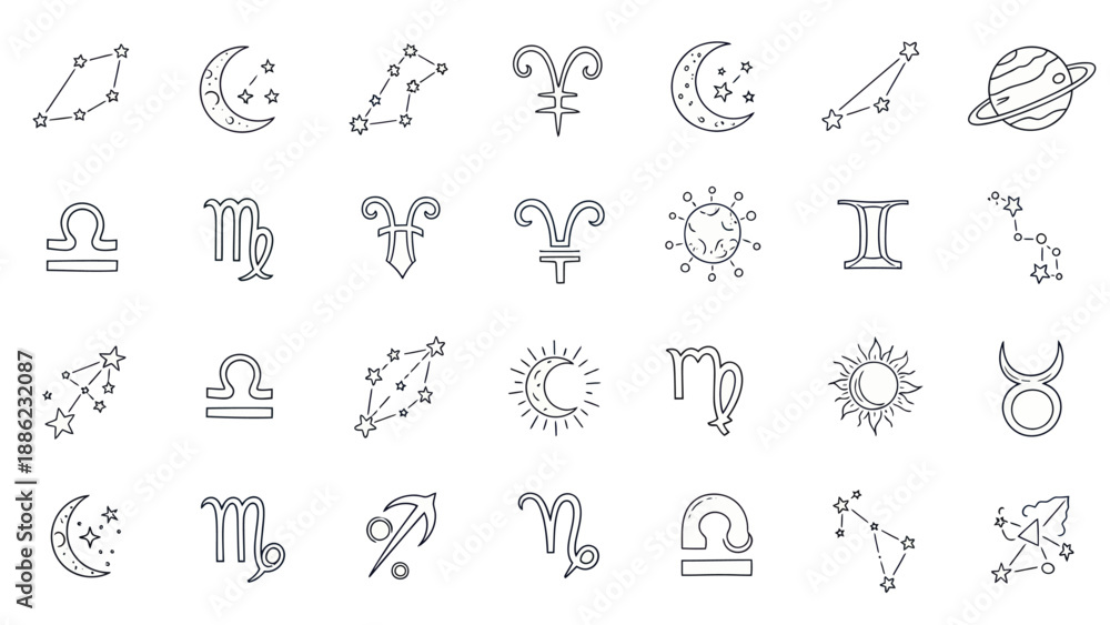 Fototapeta premium Zodiac Constellations and Symbols Icons Set