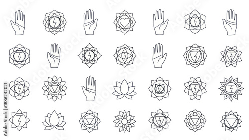 Yoga Chakra Symbols and Hand Gestures Line Art Collection