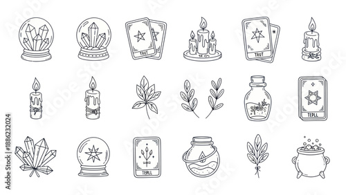 Witchcraft Symbols: Crystals, Candles, Tarot, Potions, Herbs Collection