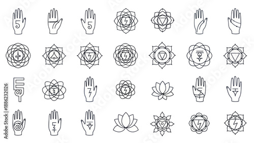 Yoga Chakra Symbols and Mudra Hands Icons Set - Outline Vector Illustration