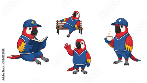 Parrot Character Set: Reading, Relaxing, Greeting, Coffee