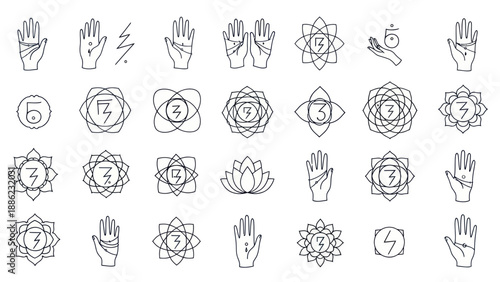 Yoga and Meditation Symbols: Hands, Chakras, Lotus Flower, Energy Lightning Bolt