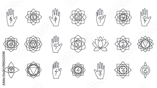 Yoga Chakra Symbols and Mudra Hands Line Art Collection