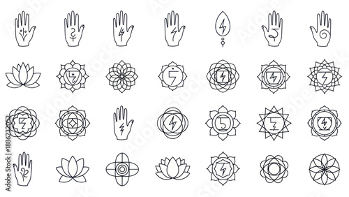 Yoga Meditation Symbols: Hands, Lotuses, Chakras, Energy Icons