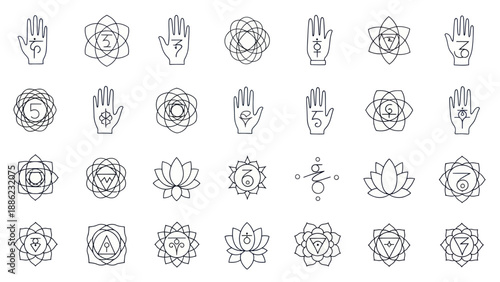 Wallpaper Mural Yoga Chakra Symbols and Mudra Hands Line Art Icons Set Torontodigital.ca