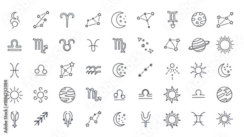 Zodiac Constellations, Planets, Sun, Moon Icons Set - Astrology Symbols Outline