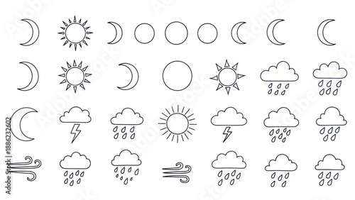 Weather Icons Set: Sun, Moon Phases, Rain, Clouds, Lightning, Wind