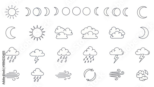 Weather Icons Set: Sun, Moon Phases, Clouds, Rain, Lightning, Wind, Cycles