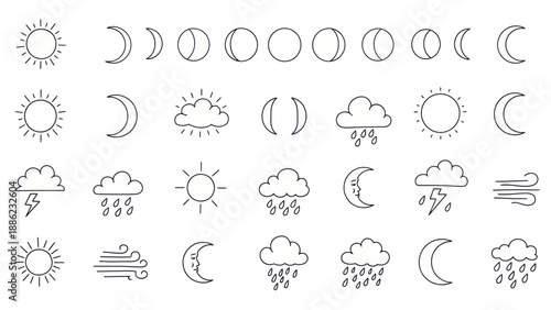 Weather Icons Set: Sun, Moon Phases, Clouds, Rain, Lightning, Wind
