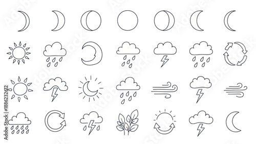 Weather Icons Set: Sun, Moon, Clouds, Rain, Lightning, Wind, Cycle