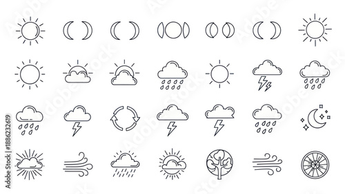 Weather Icons Set: Sun, Moon Phases, Rain, Wind, Lightning, Clouds, Forecast Symbols