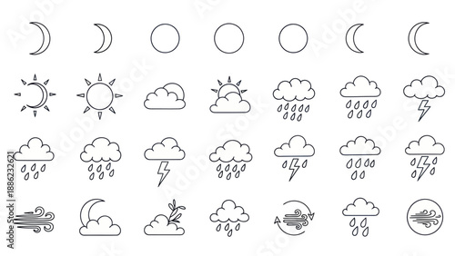 Weather Icons Set: Sun, Moon, Clouds, Rain, Lightning, Wind Symbols
