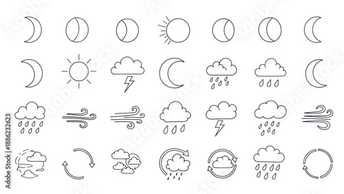 Weather Icons Set: Sun, Moon, Clouds, Rain, Lightning, Wind, Cycles