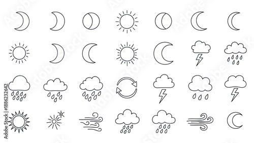 Weather Icons Set: Sun, Moon, Clouds, Rain, Lightning, Wind, Cycles