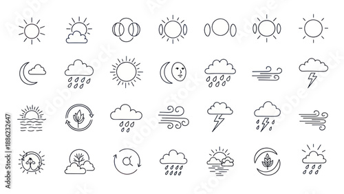 Weather Icons Set: Sun, Moon, Clouds, Rain, Snow, Wind, Lightning, Sunrise, Sunset