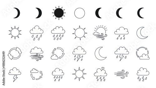 Weather Icons Set: Sun, Moon, Clouds, Rain, Wind, Cycles