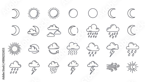 Weather Icons Set: Sun, Moon, Clouds, Rain, Lightning, Wind